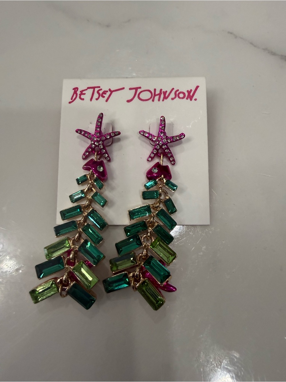 Betsey Johnson Pink Starfish fish tree with Green Baguette Cascade Earrings